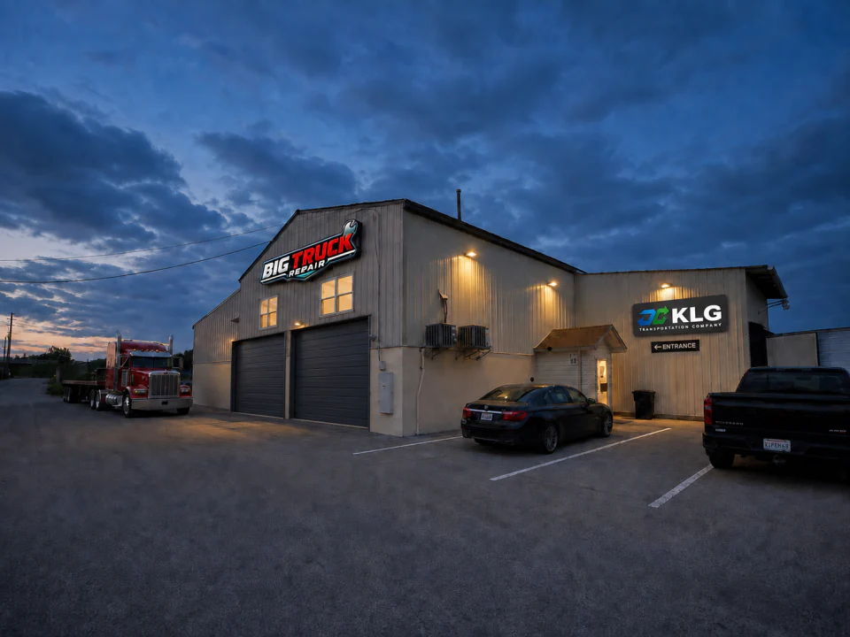 Big Truck & Trailer Repair building at dusk with illuminated signs and two truck service bay doors in Park City, Illinois