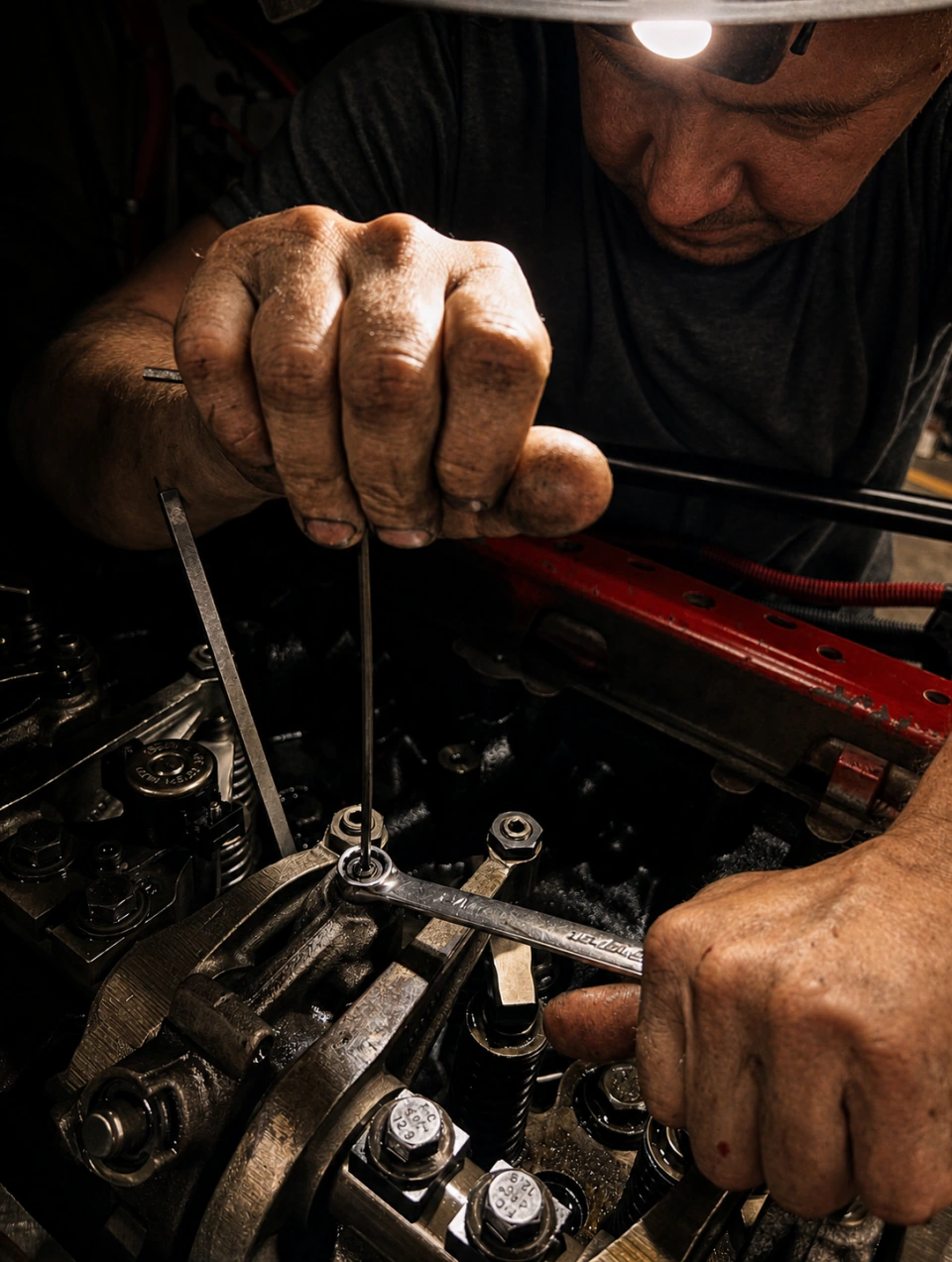 Mechanic performing a valve adjustment on a heavy-duty truck engine at Big Truck & Trailer Repair in Park City, Illinois
