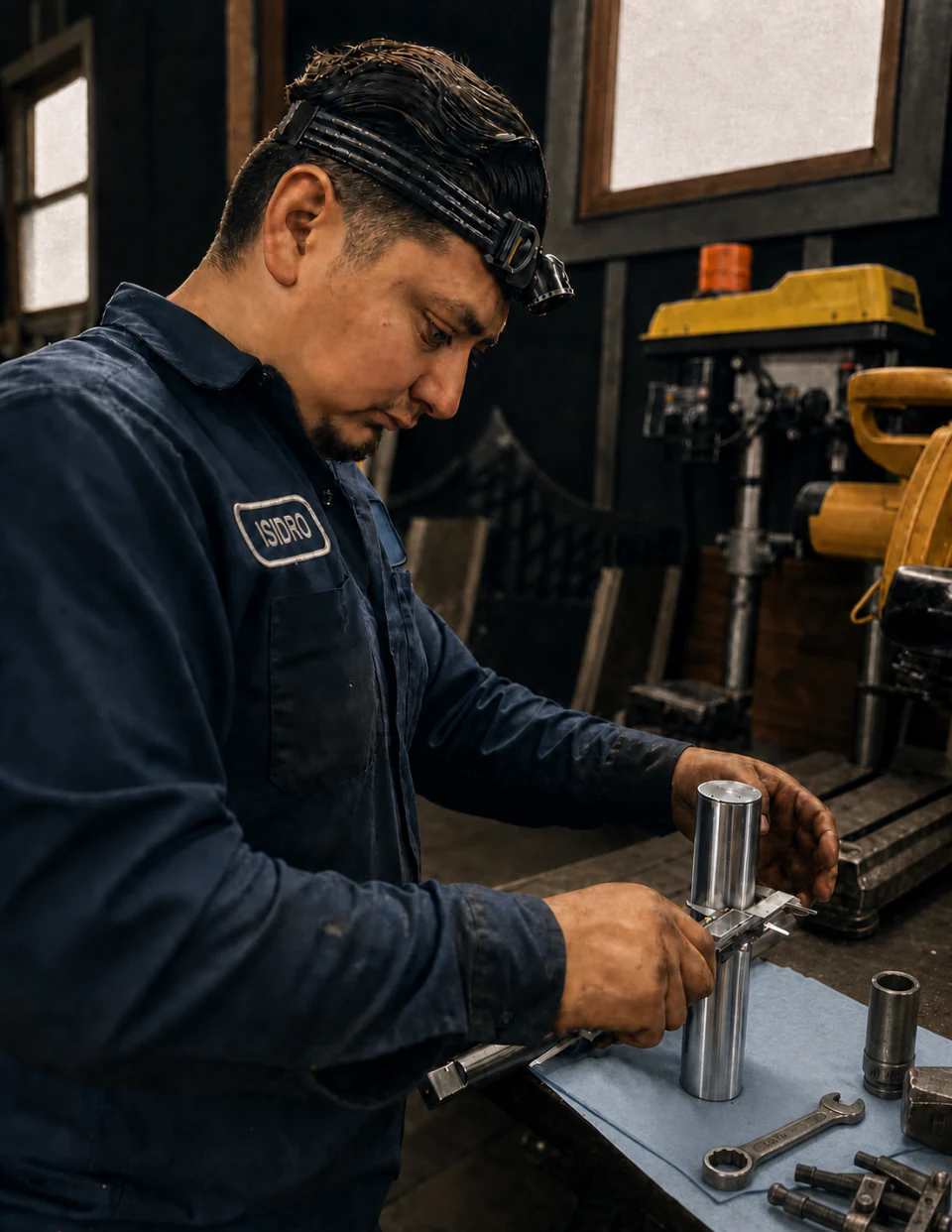 Mechanic measuring a machined metal component with a vernier caliper at Big Truck & Trailer Repair in Park City, Illinois